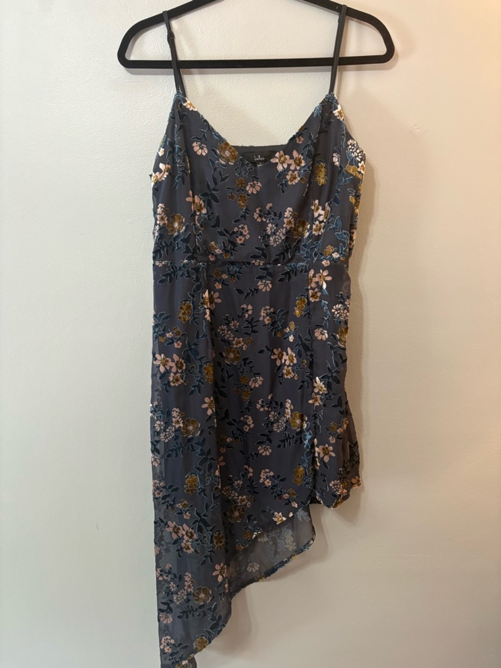 Lulu's Slate Blue Floral Asymmetrical Slip Dress